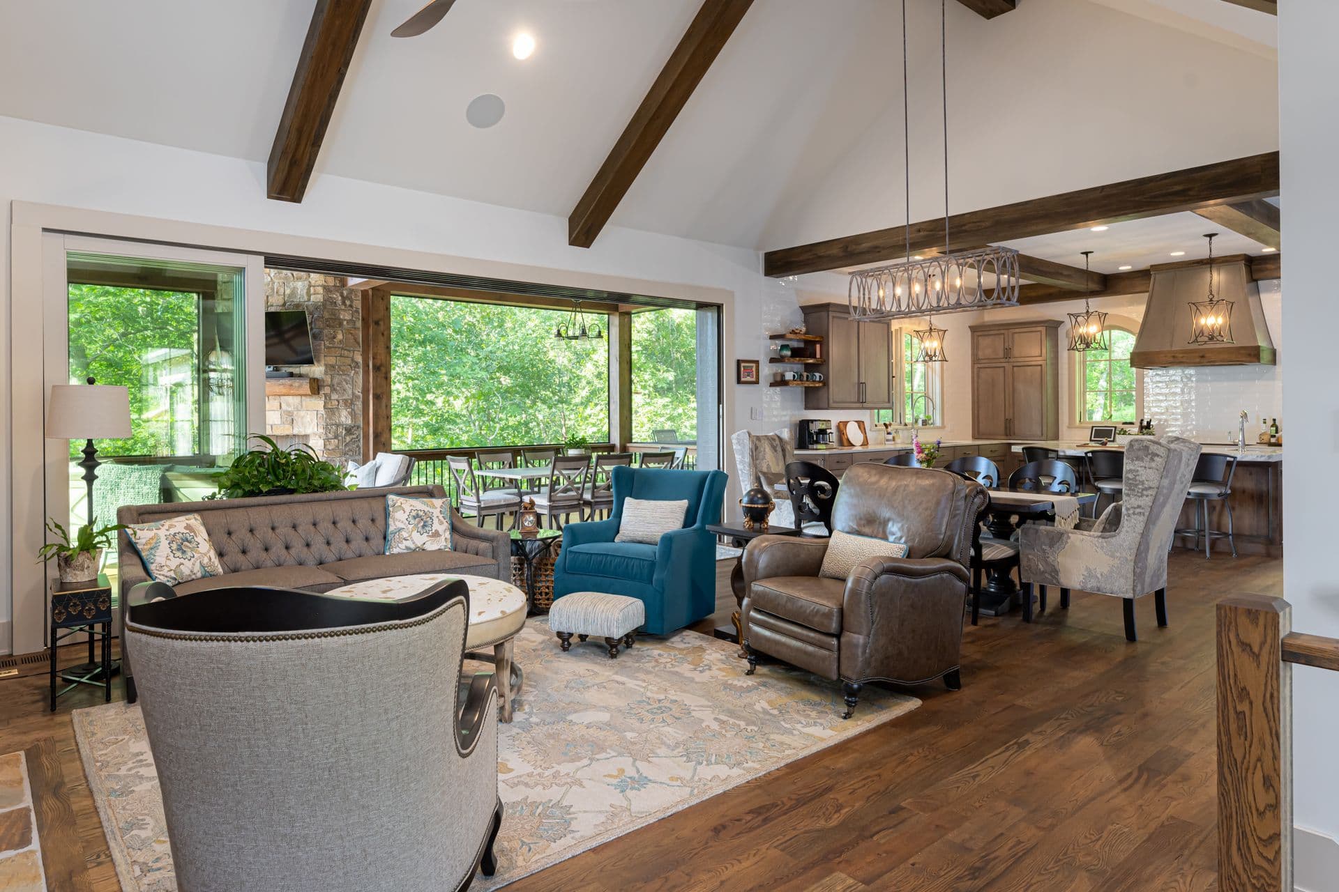 Inviting living room with exposed beams and a mix of relaxed furnishings