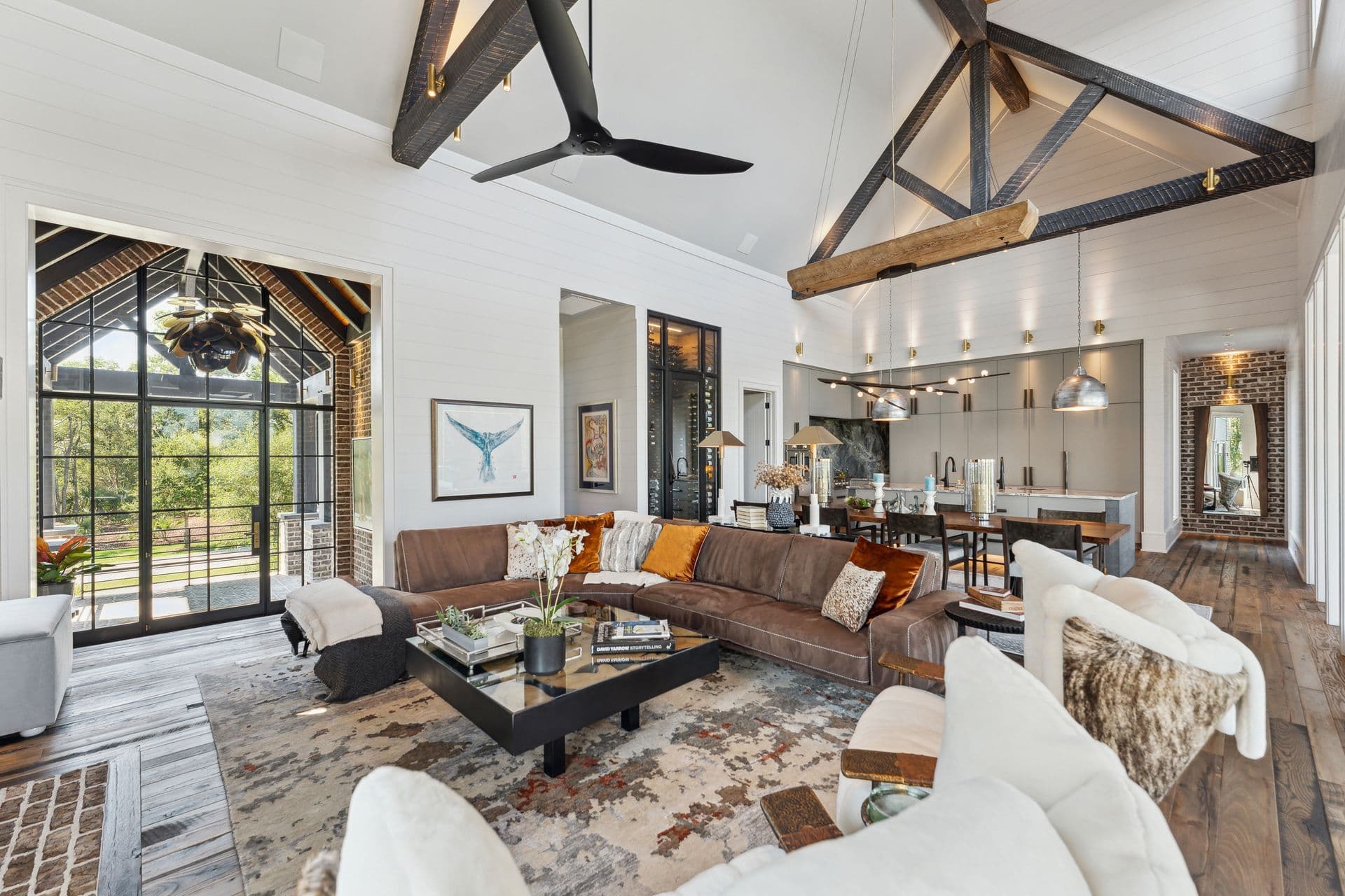 Open-plan living room with vaulted ceilings