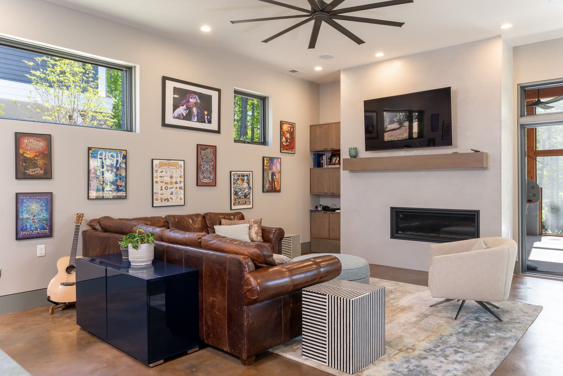 Lower-level family room with comfortable contemporary furnishings
